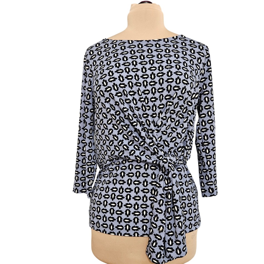 Ann Taylor Blue Black Geometric Floral Side Tie Knot Blouse Size M Artsy